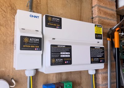 New consumer unit with Atom Electrical labelling and inspection dates