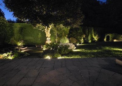 Garden lighting lit up across a patio and planted borders at night